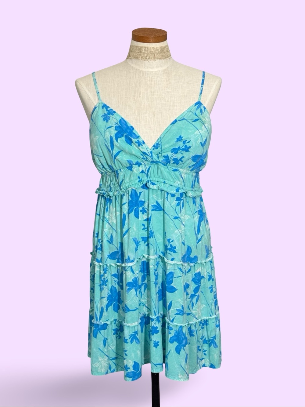 No Boundaries Aqua & Blue Floral Tiered Surplice Mini Dress SzXXL